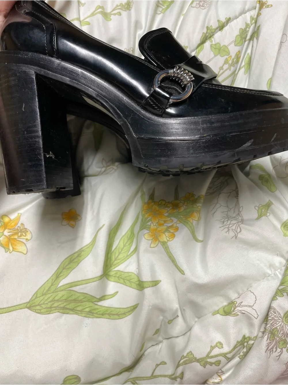 Gianni Bini Black Patent Platform Block Heel Loafers with Silver Ring